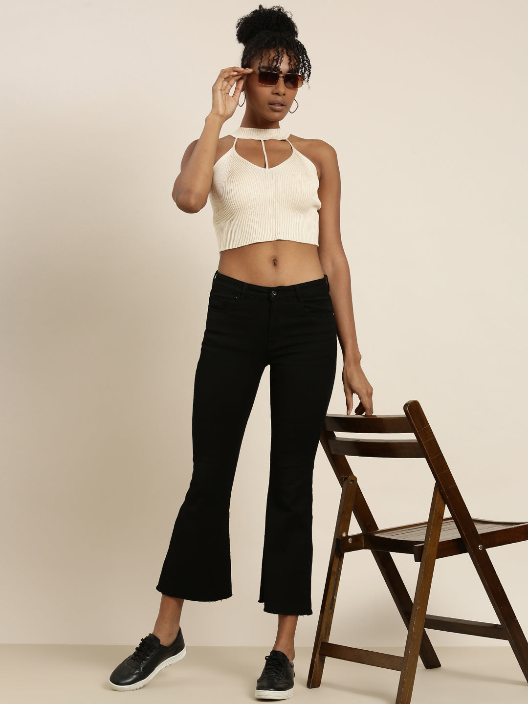 Halter Neck Solid Sleeveless Fitted Beige Crop Top