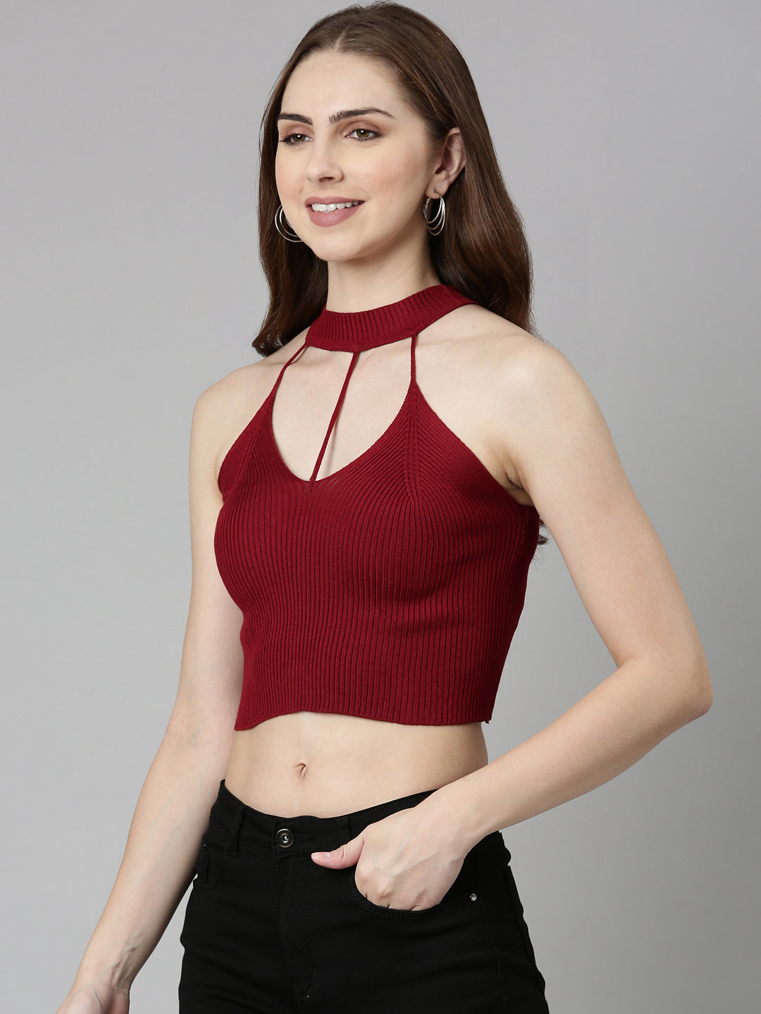 Halter Neck Solid Sleeveless Fitted Maroon Crop Top