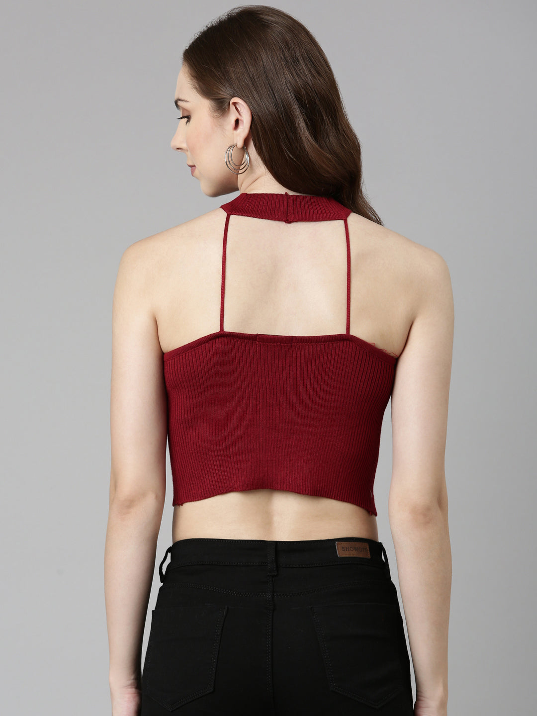 Halter Neck Solid Sleeveless Fitted Maroon Crop Top