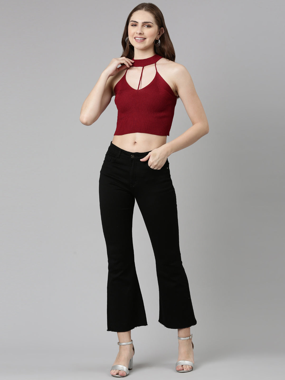 Halter Neck Solid Sleeveless Fitted Maroon Crop Top