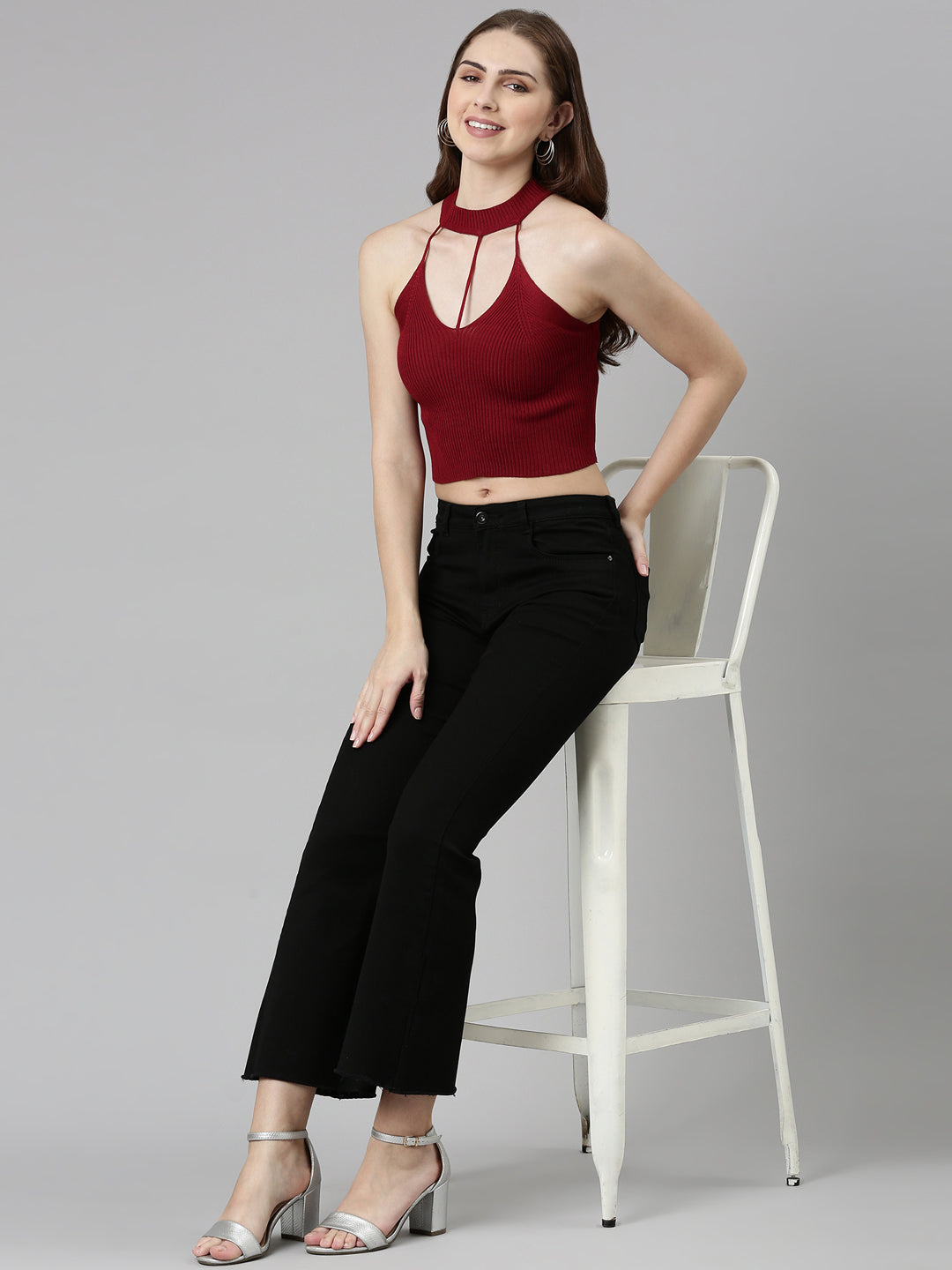 Halter Neck Solid Sleeveless Fitted Maroon Crop Top