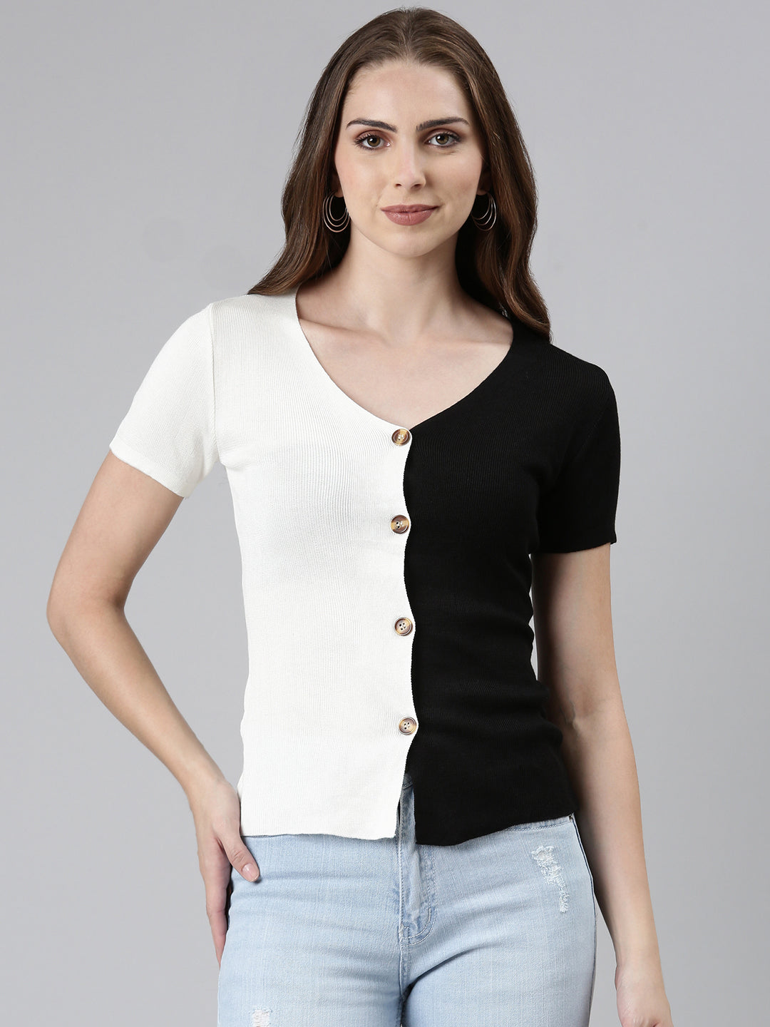 V-Neck Colourblocked Regular Black Top