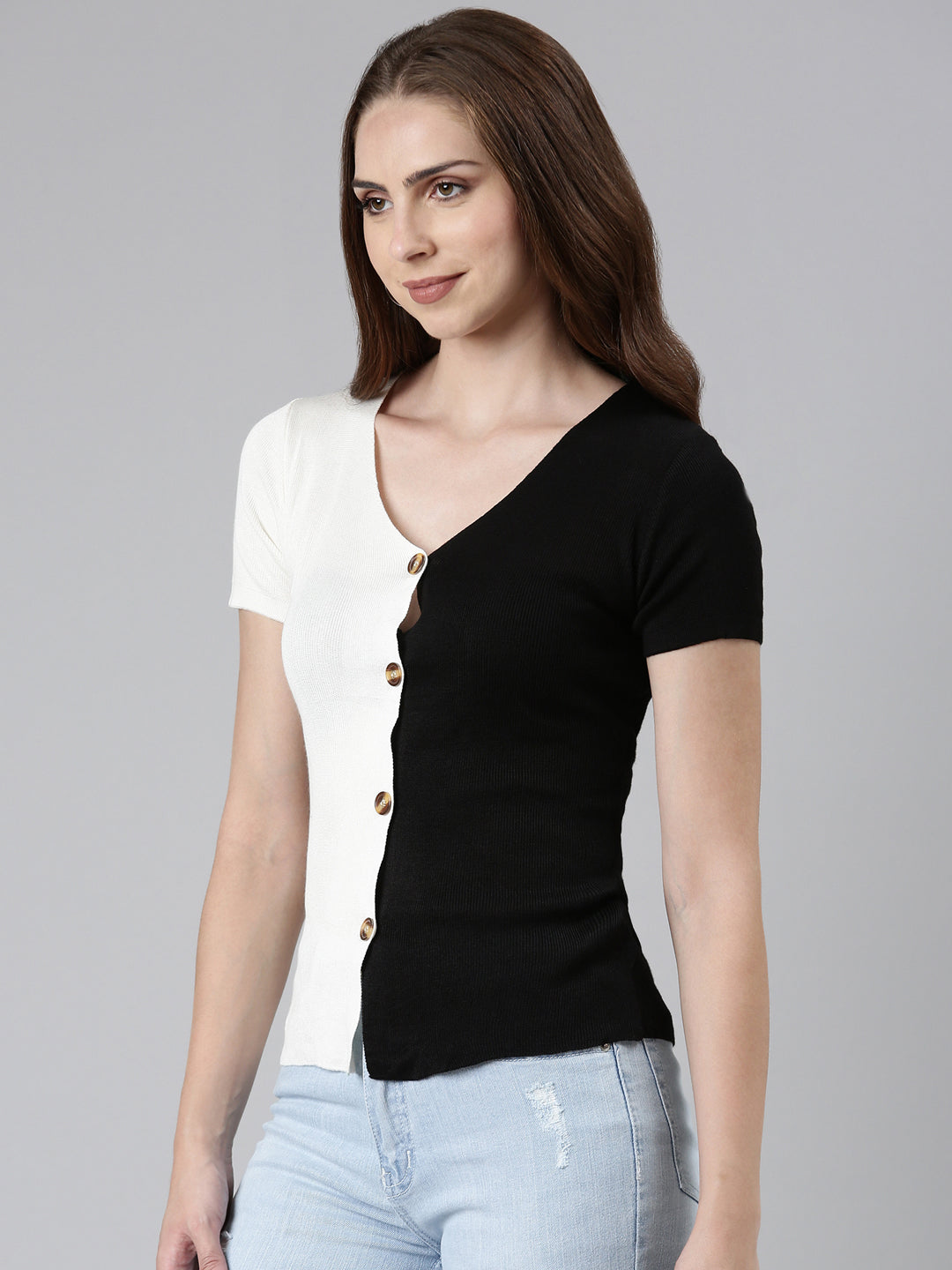 V-Neck Colourblocked Regular Black Top