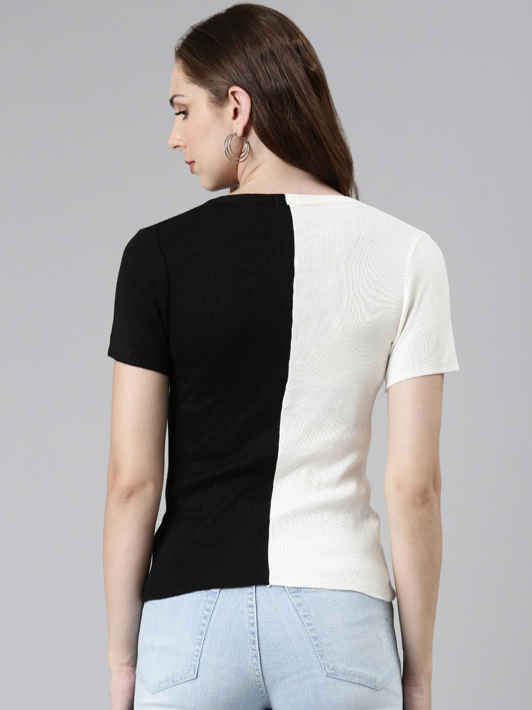 V-Neck Colourblocked Regular Black Top