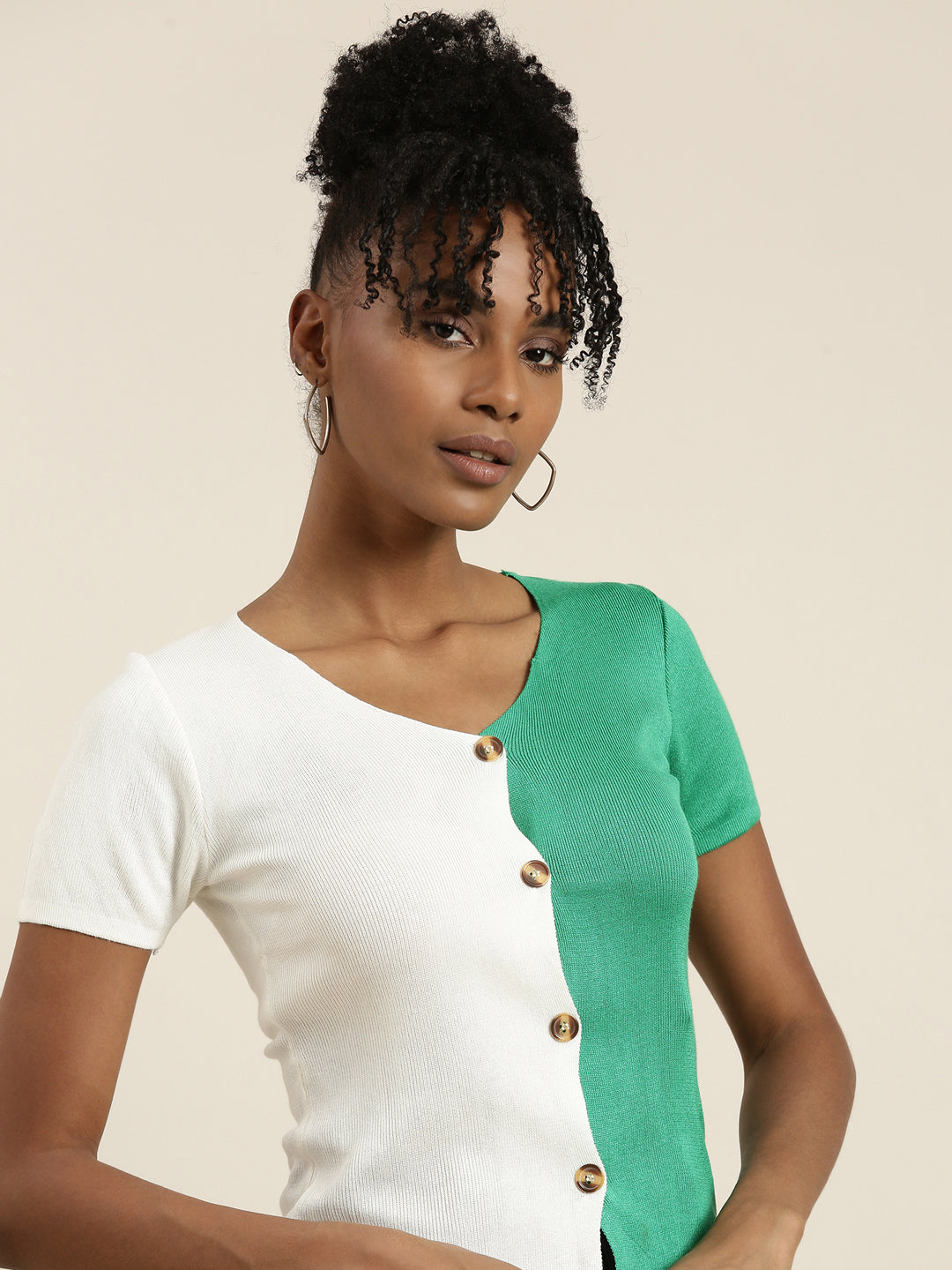 Women's Green Colour blocked Ribbed Top