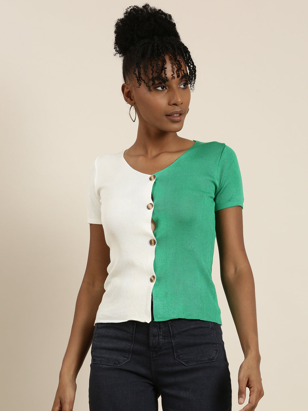 Women's Green Colour blocked Ribbed Top