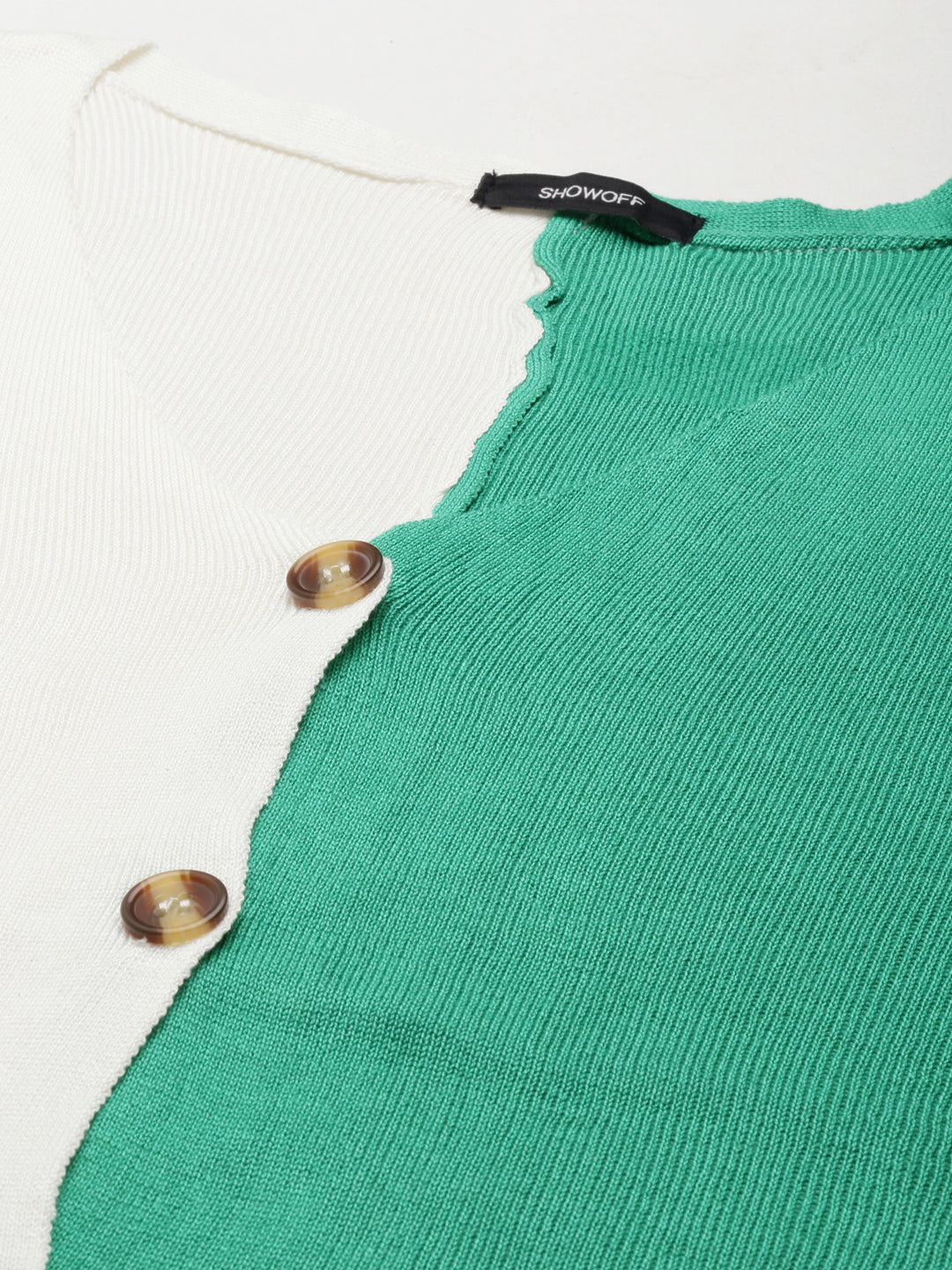 Women's Green Colour blocked Ribbed Top