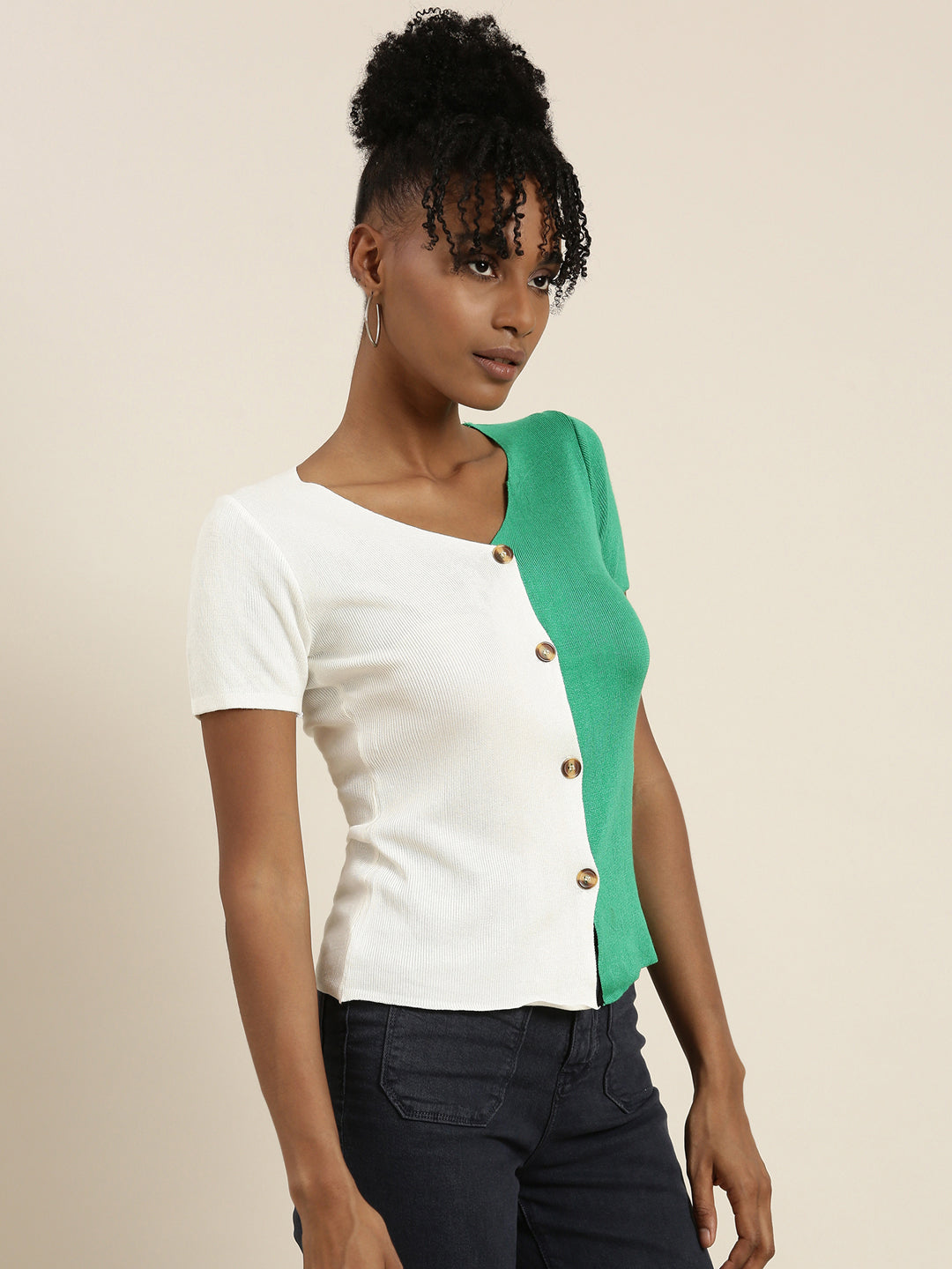 Women's Green Colour blocked Ribbed Top