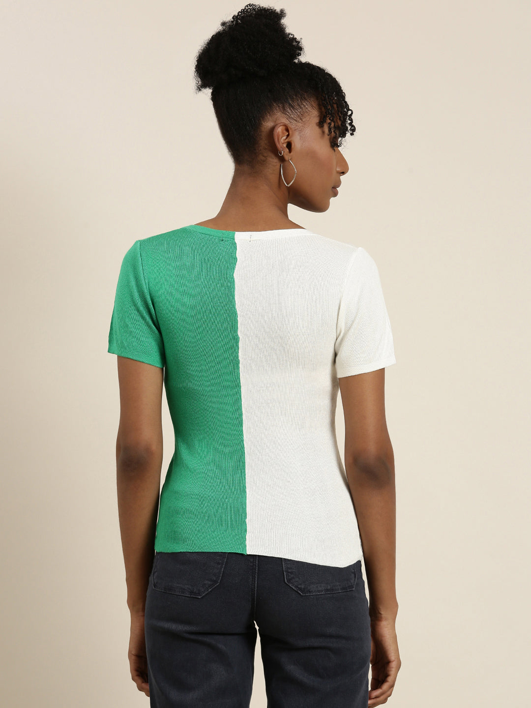 Women's Green Colour blocked Ribbed Top