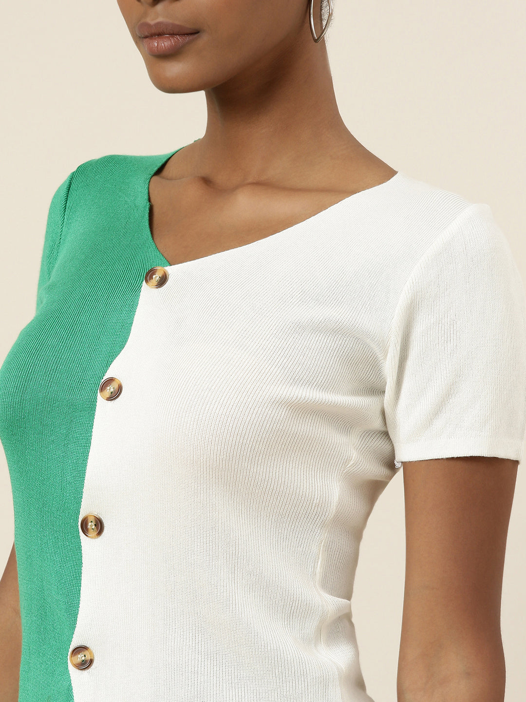 Women's Green Colour blocked Ribbed Top
