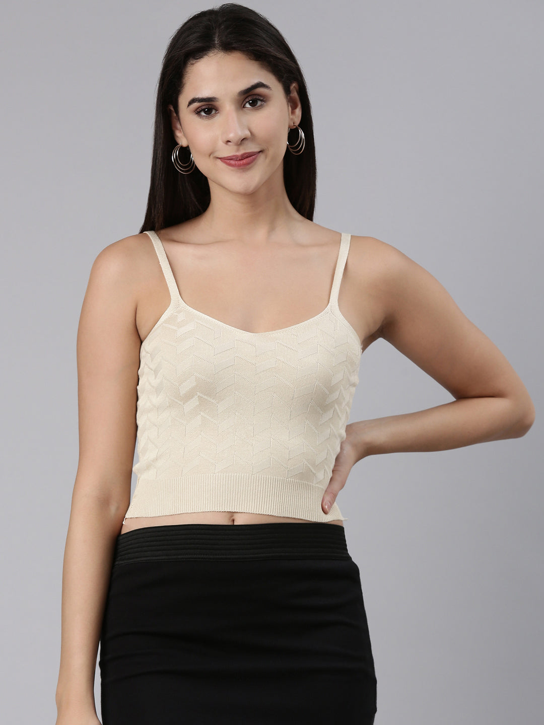 Shoulder Straps Solid Sleeveless Fitted Beige Crop Top