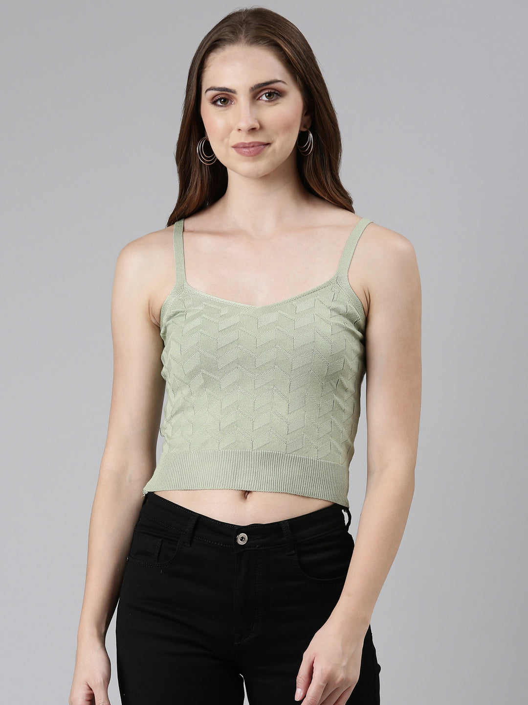 Shoulder Straps Solid Sleeveless Fitted Olive Crop Top