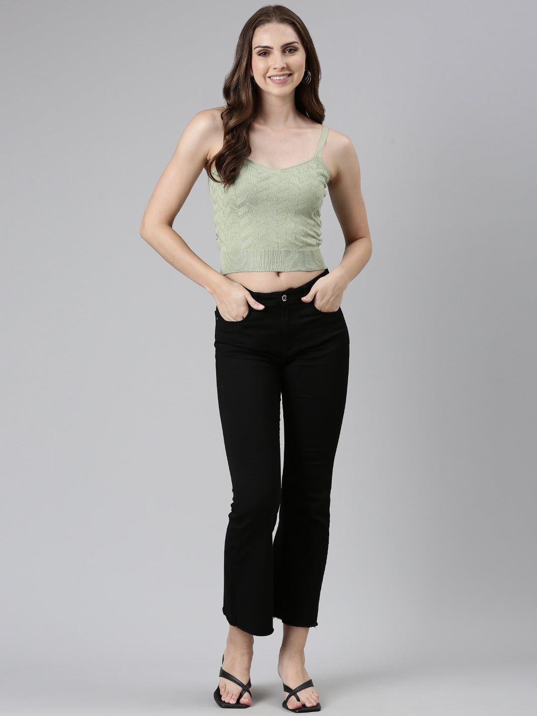 Shoulder Straps Solid Sleeveless Fitted Olive Crop Top