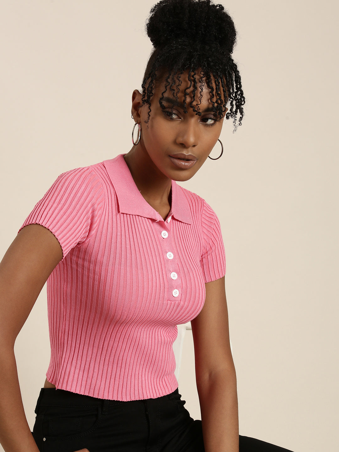 Women Pink Solid Fitted Crop Top