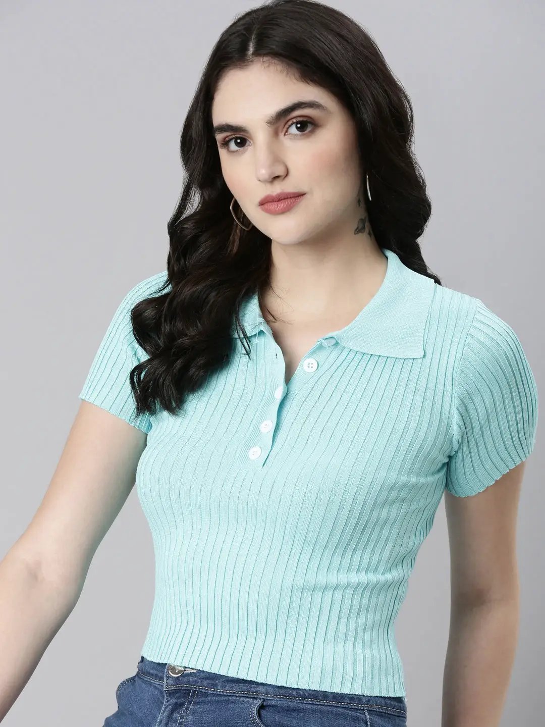 Women's Shirt Collar Solid Regular Sleeves Fitted Turquoise Blue Crop Top