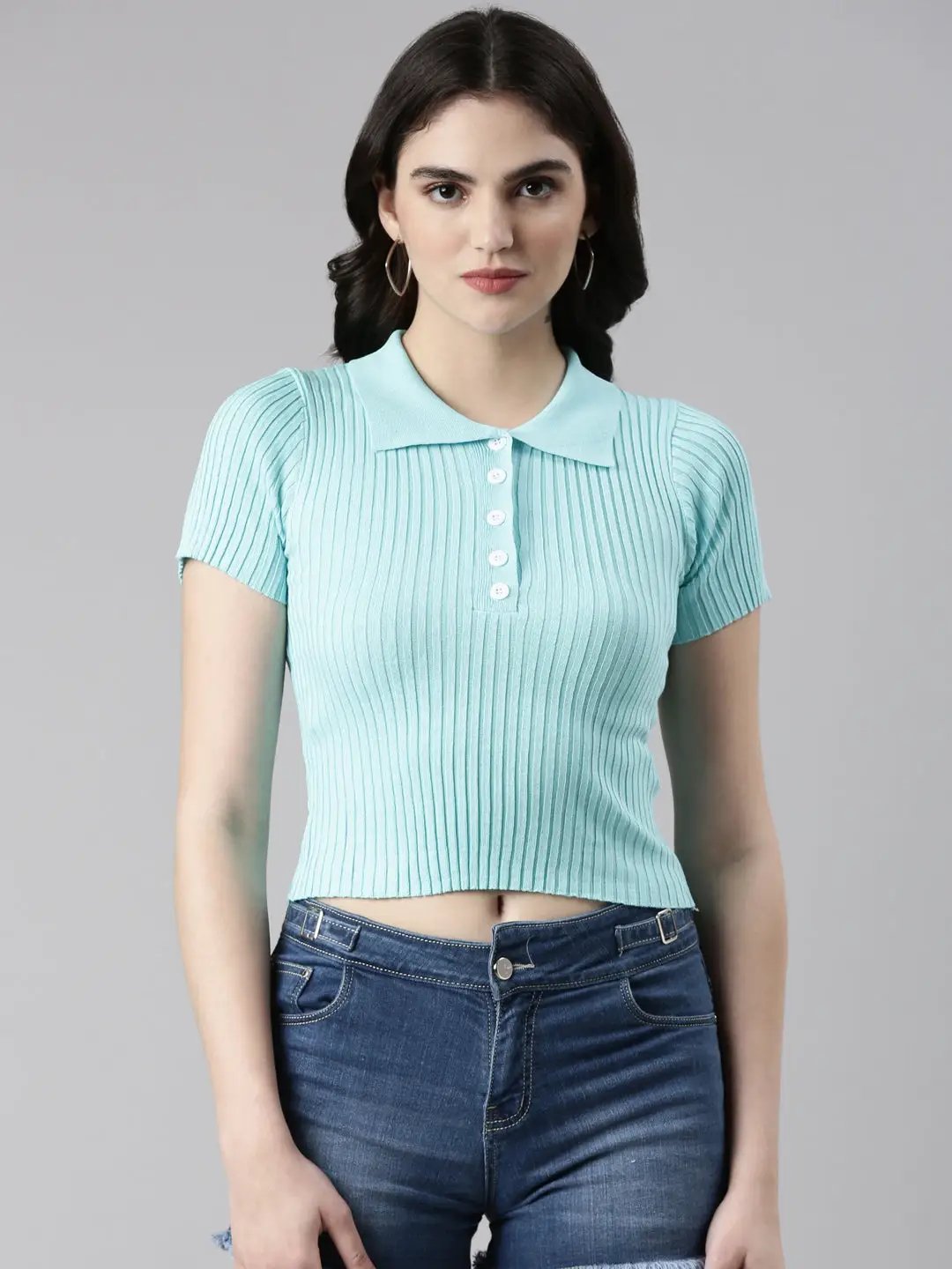 Women's Shirt Collar Solid Regular Sleeves Fitted Turquoise Blue Crop Top