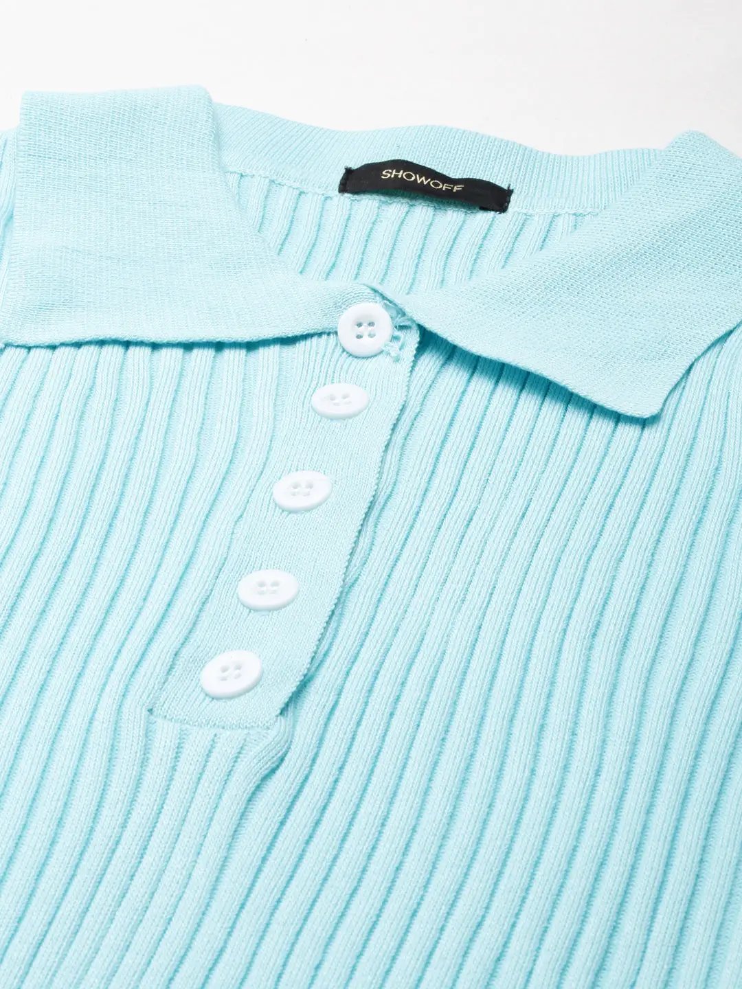 Women's Shirt Collar Solid Regular Sleeves Fitted Turquoise Blue Crop Top