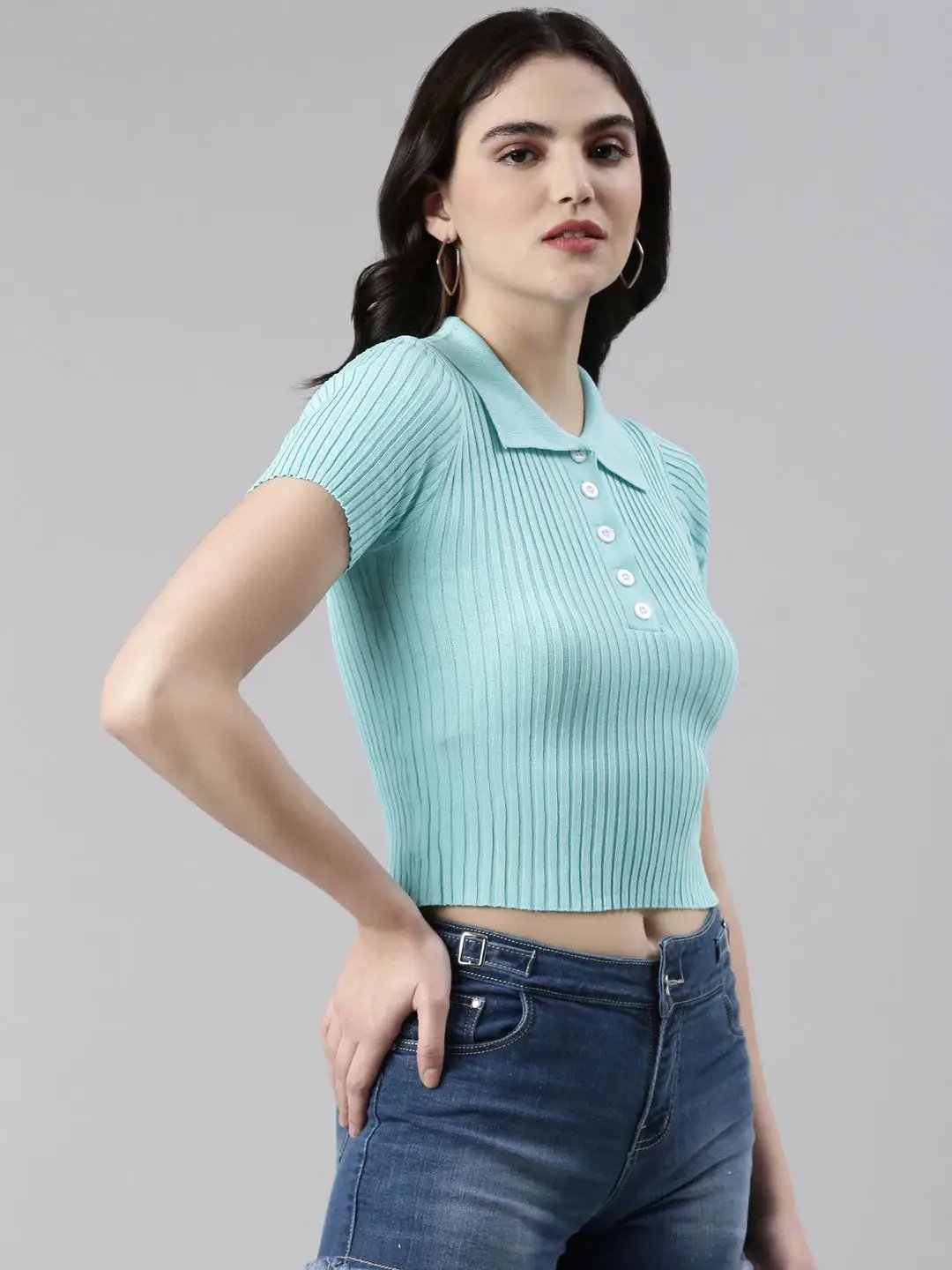 Women's Shirt Collar Solid Regular Sleeves Fitted Turquoise Blue Crop Top