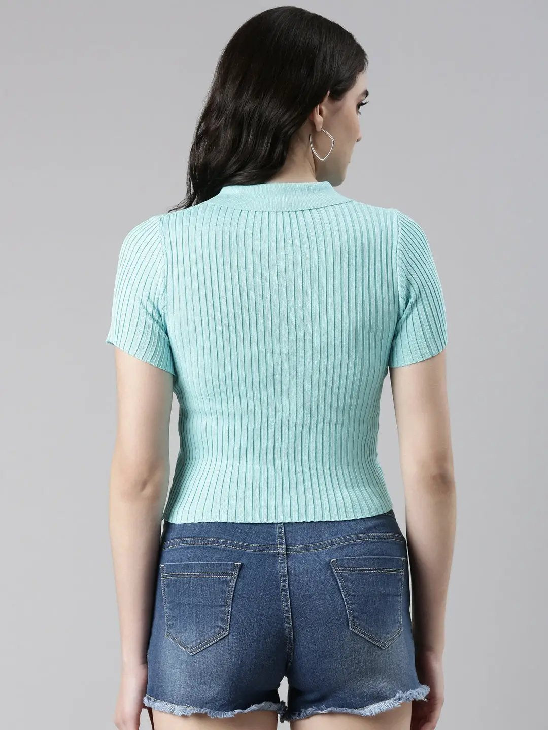 Women's Shirt Collar Solid Regular Sleeves Fitted Turquoise Blue Crop Top