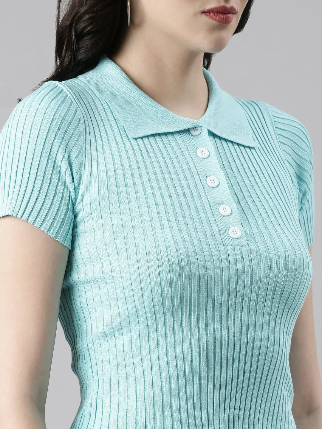 Women's Shirt Collar Solid Regular Sleeves Fitted Turquoise Blue Crop Top