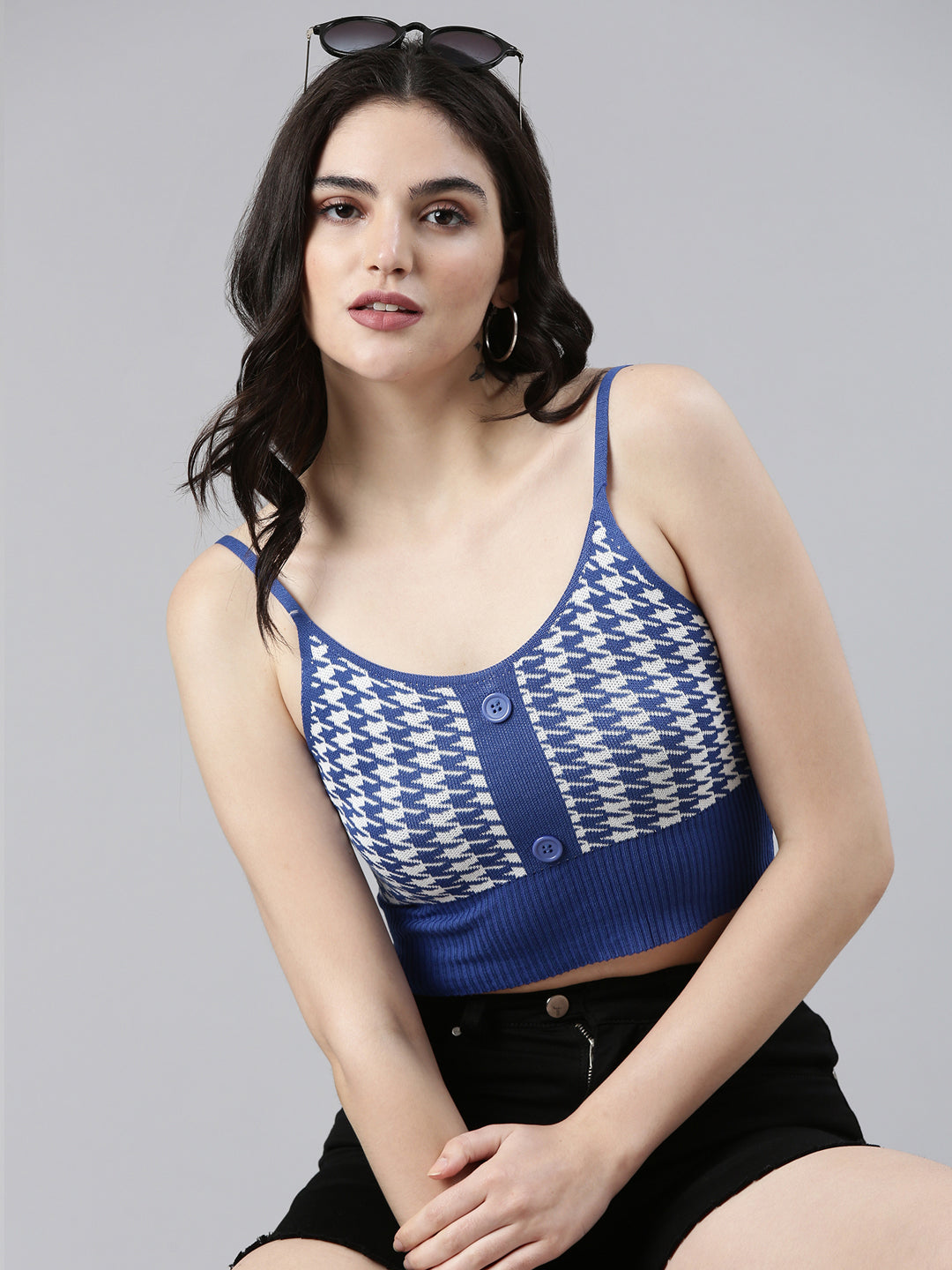 Women Shoulder Straps Self Design Sleeveless Navy Blue Crop Tank Top