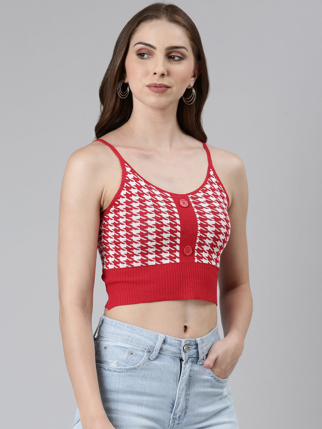 Shoulder Straps Self Design Sleeveless Red Crop Tank Top