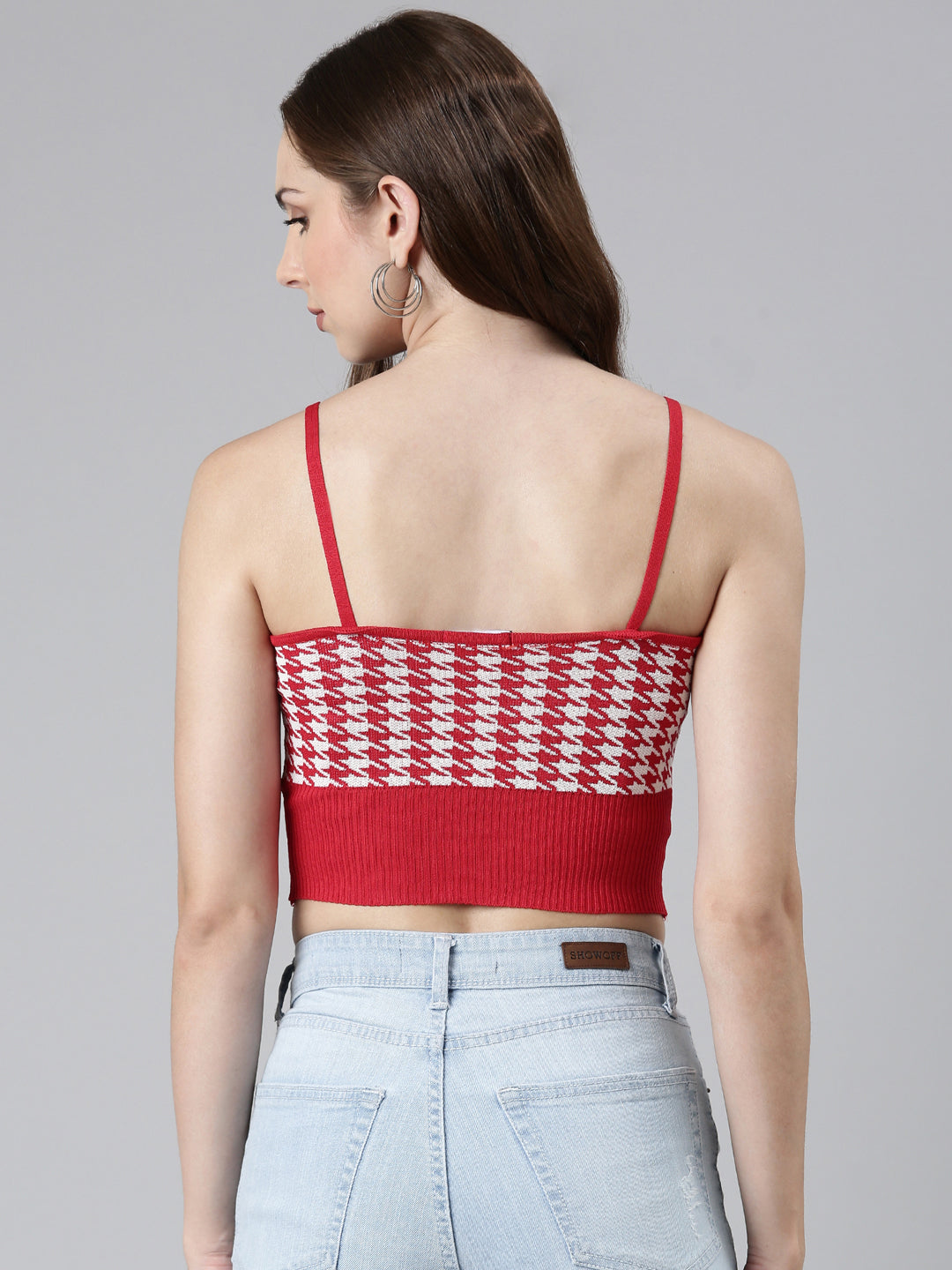 Shoulder Straps Self Design Sleeveless Red Crop Tank Top