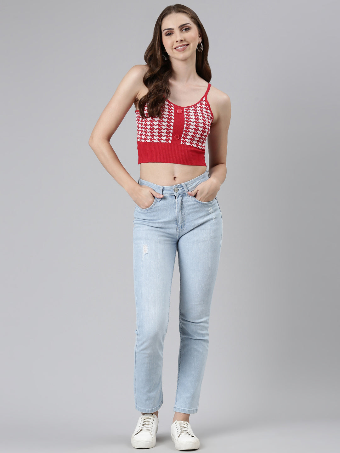 Shoulder Straps Self Design Sleeveless Red Crop Tank Top