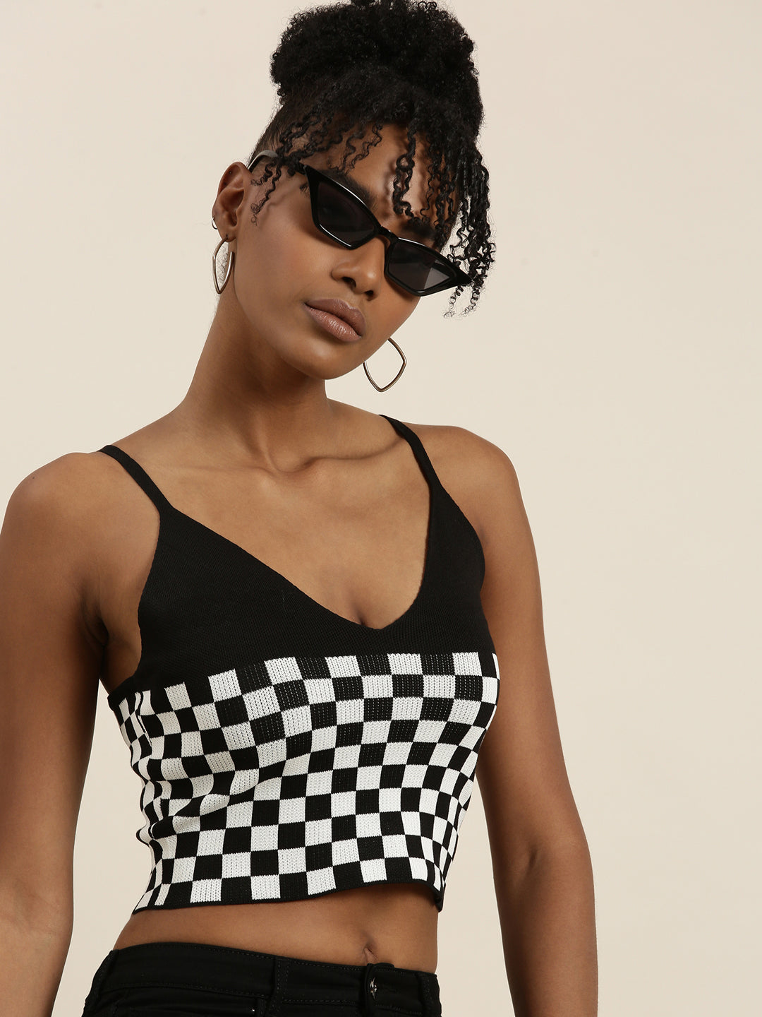 Women's Black Checked Bralette Crop Top
