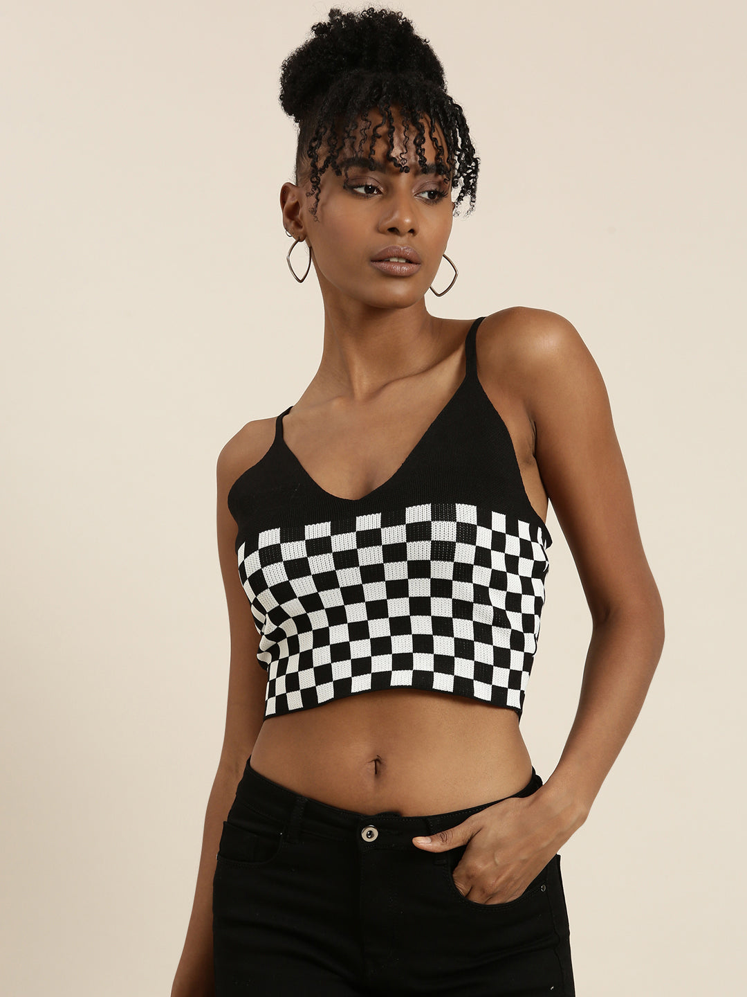 Women's Black Checked Bralette Crop Top