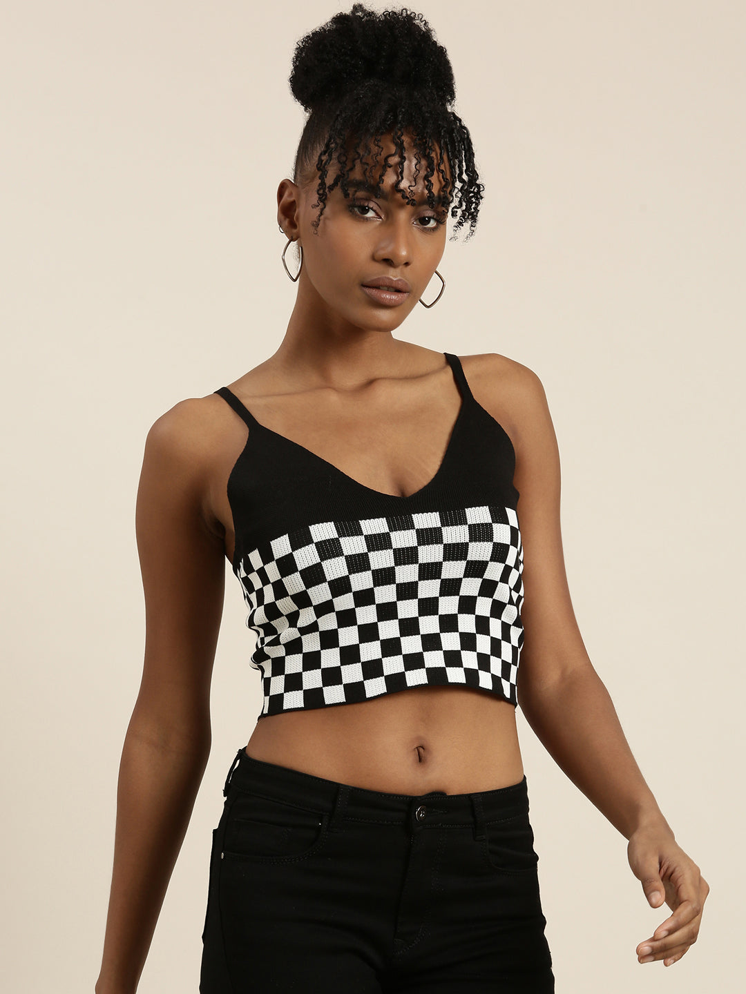 Women's Black Checked Bralette Crop Top