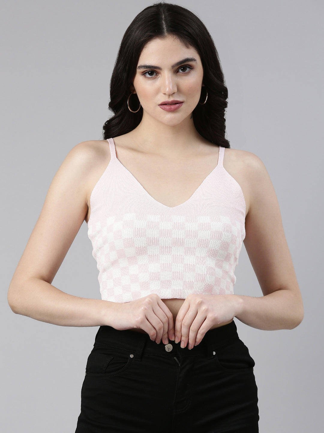 Shoulder Straps Checked Sleeveless Fitted Pink Crop Top