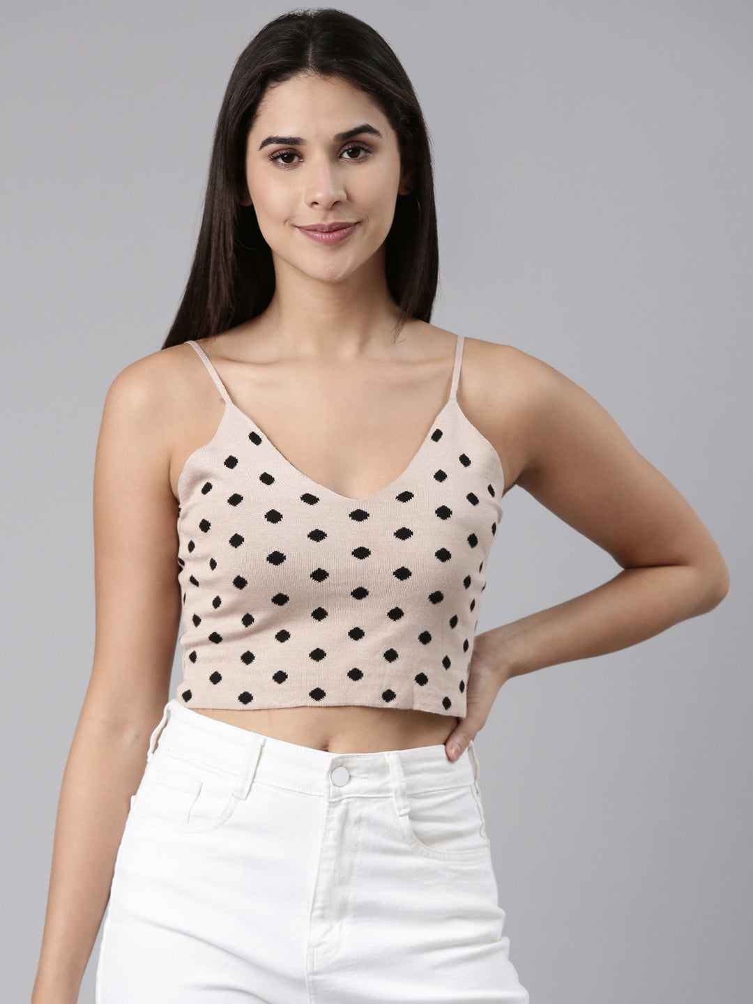 Women Shoulder Straps Printed Sleeveless Beige Crop Tank Top