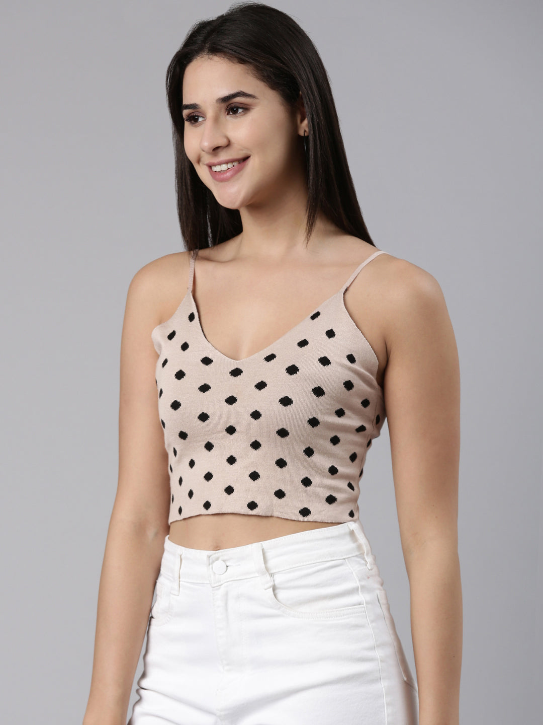 Shoulder Straps Printed Sleeveless Beige Crop Tank Top