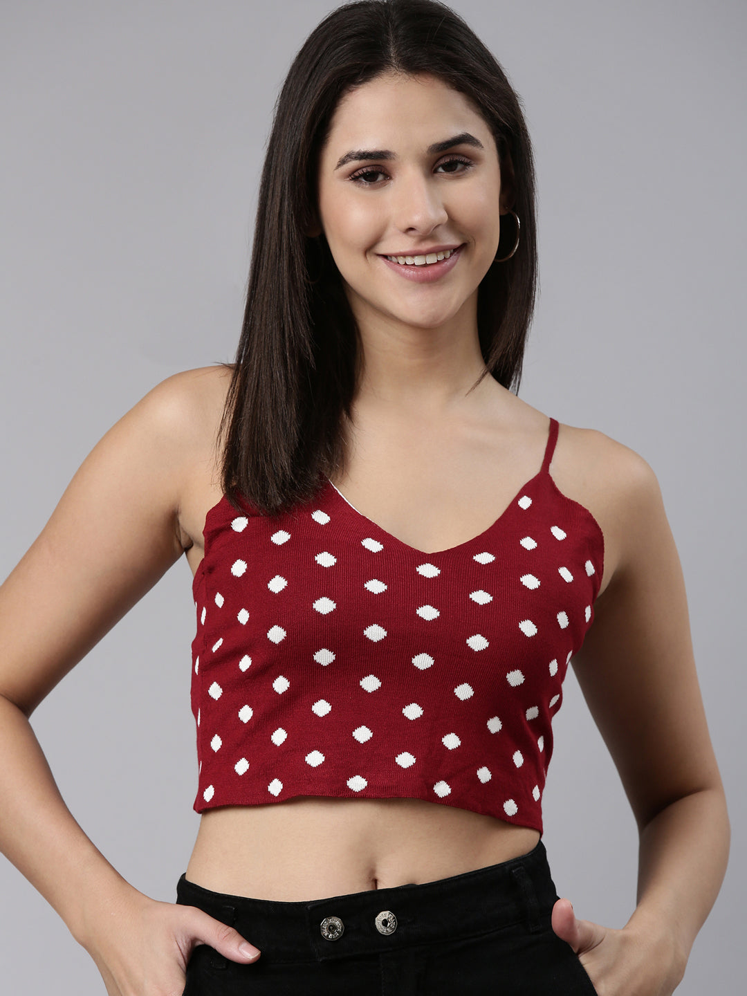 Women Shoulder Straps Printed Sleeveless Maroon Crop Tank Top