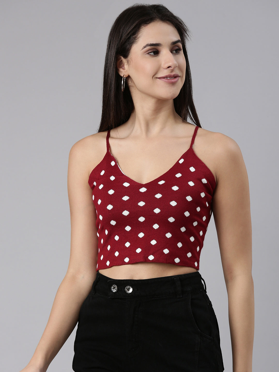 Women Shoulder Straps Printed Sleeveless Maroon Crop Tank Top