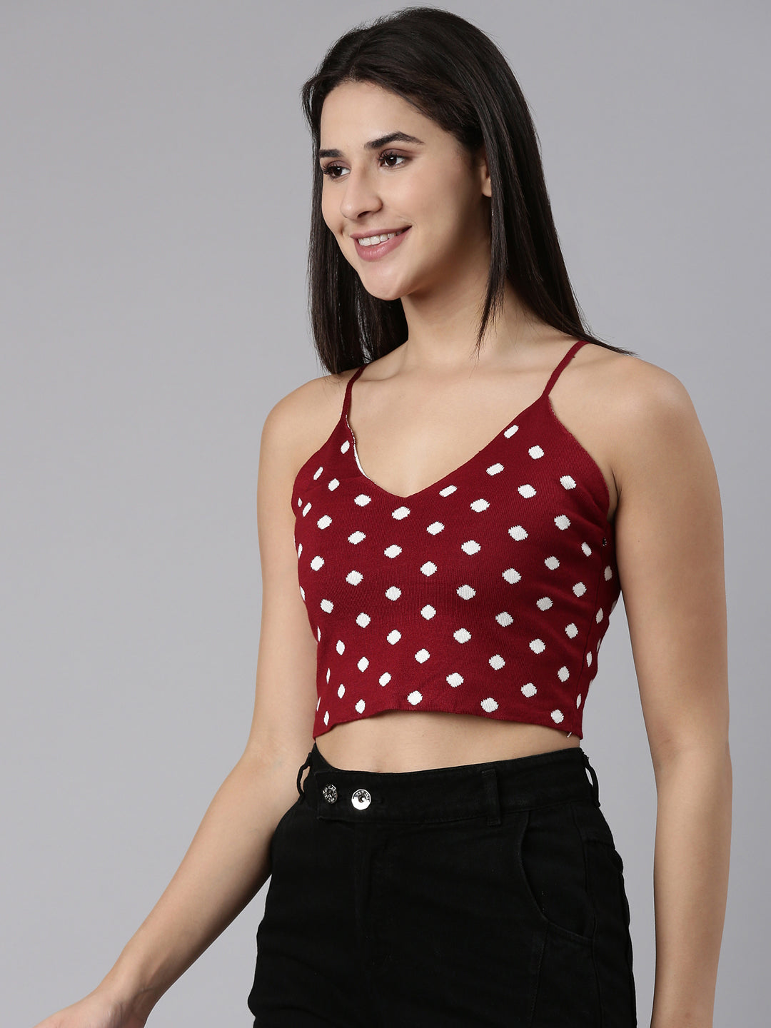 Shoulder Straps Printed Sleeveless Maroon Crop Tank Top