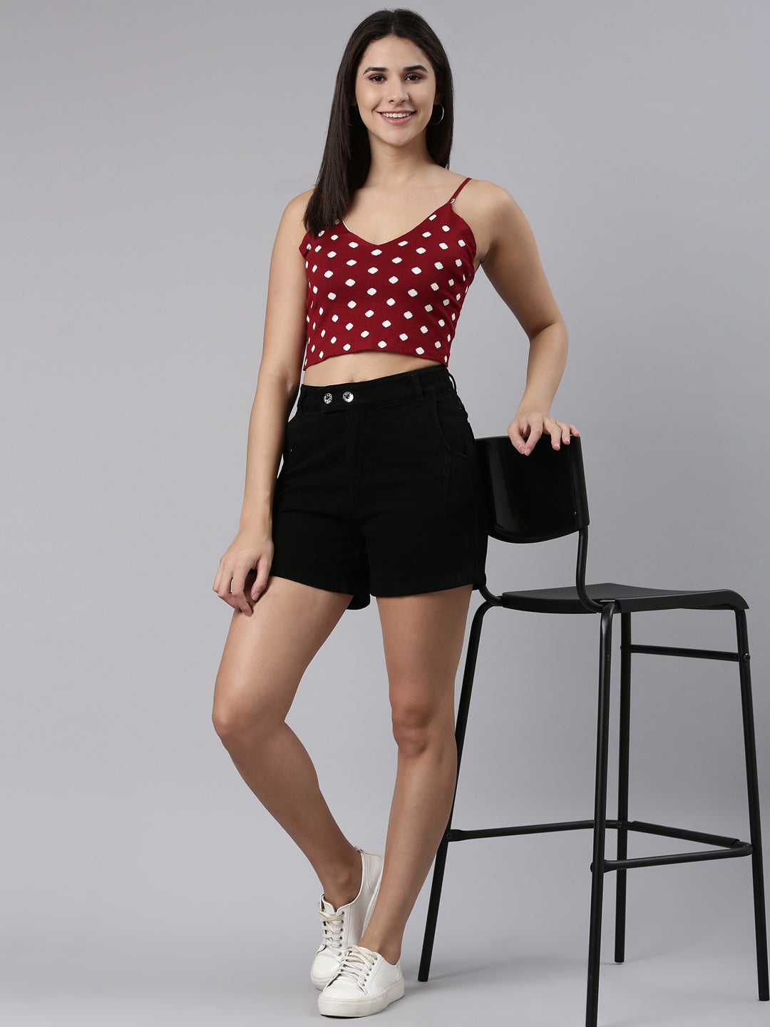 Shoulder Straps Printed Sleeveless Maroon Crop Tank Top