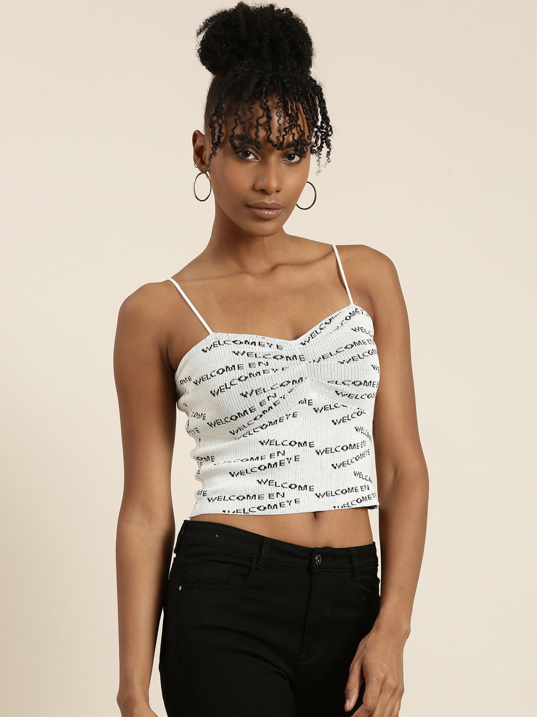 Women's Grey Shoulder Straps Typography Printed Fitted Top