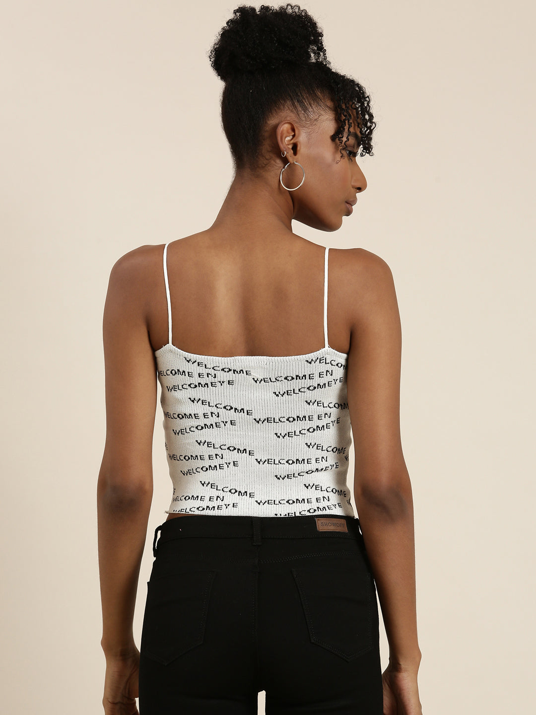 Women's Grey Shoulder Straps Typography Printed Fitted Top