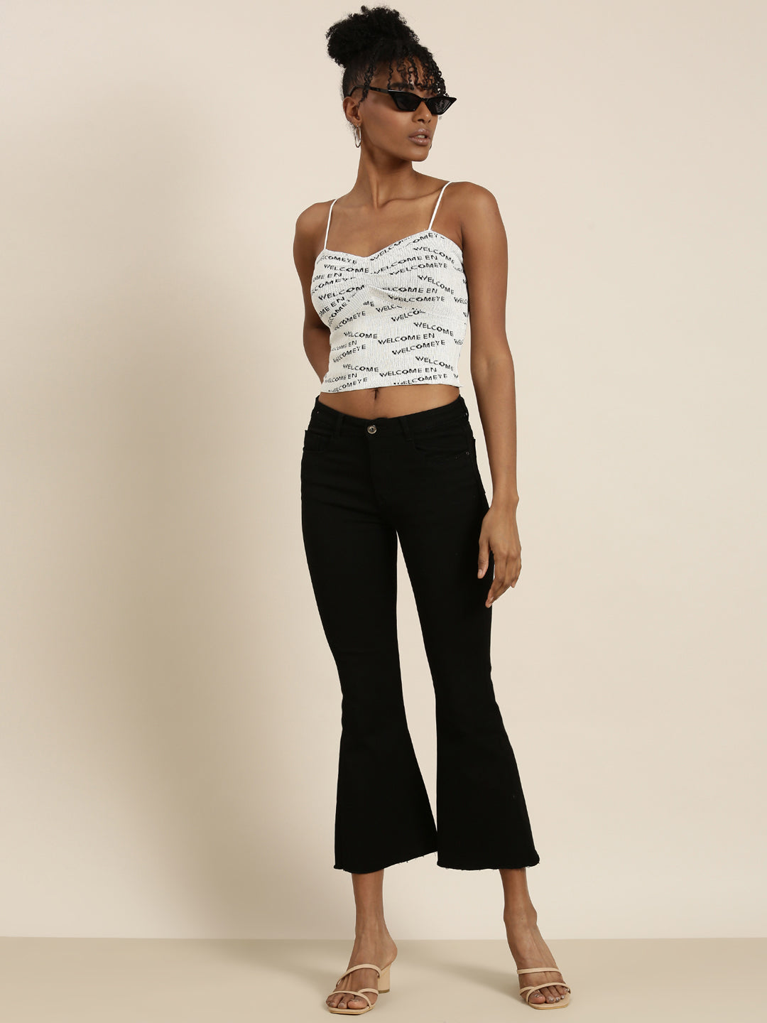 Women's Grey Shoulder Straps Typography Printed Fitted Top