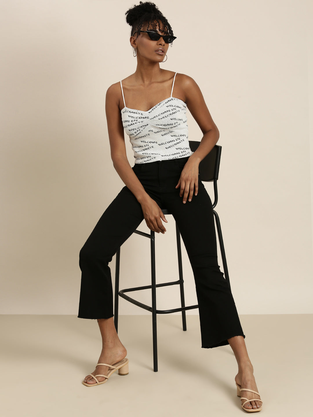 Women's Grey Shoulder Straps Typography Printed Fitted Top