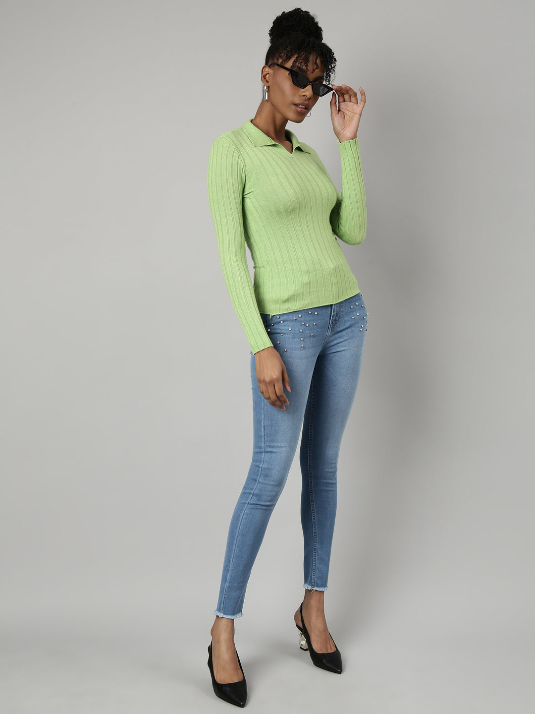 Women Green Solid Fitted Top