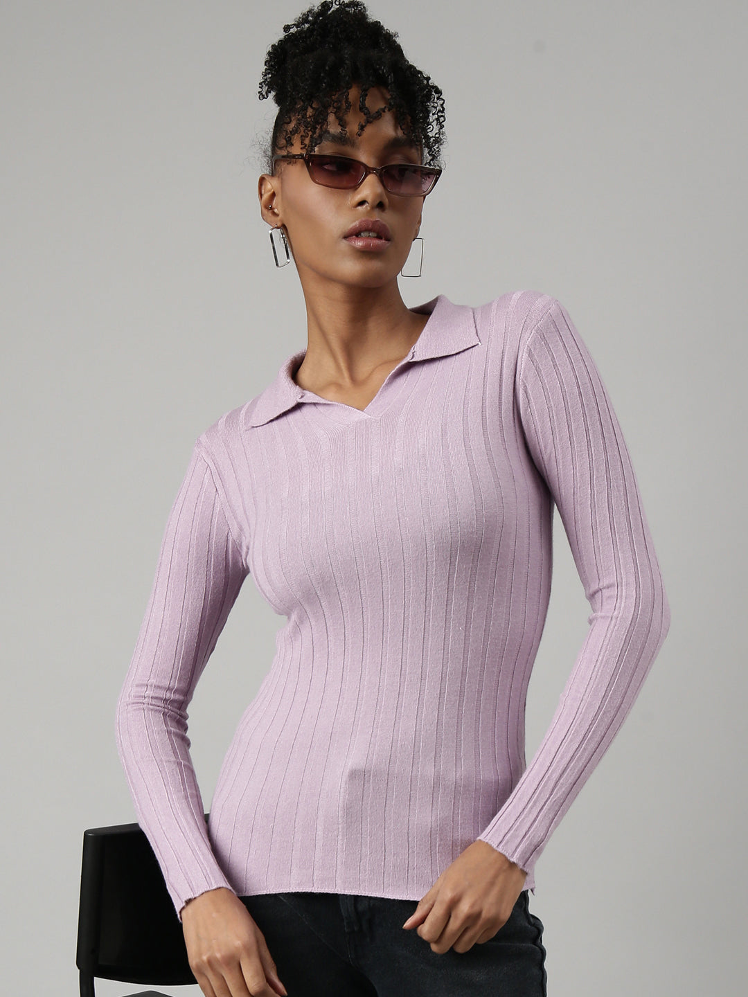 Women Lavender Solid Fitted Top