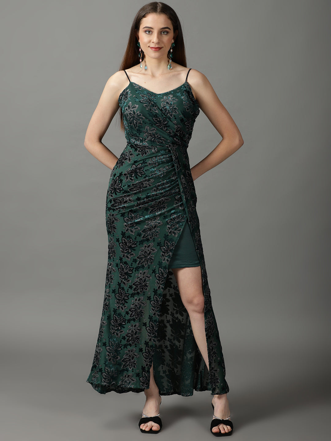 Women's Green Embellished Wrap Dress