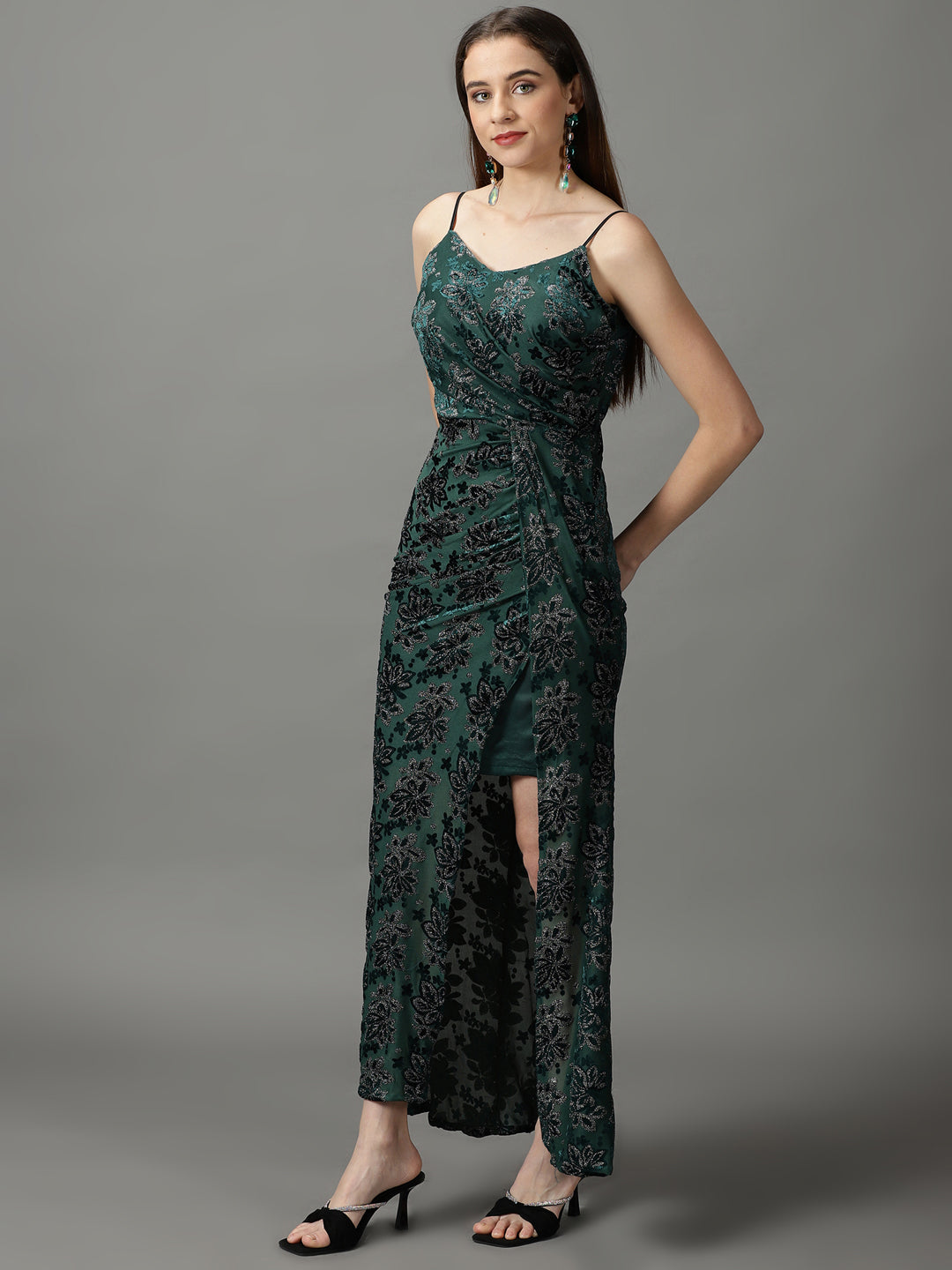Women's Green Embellished Wrap Dress