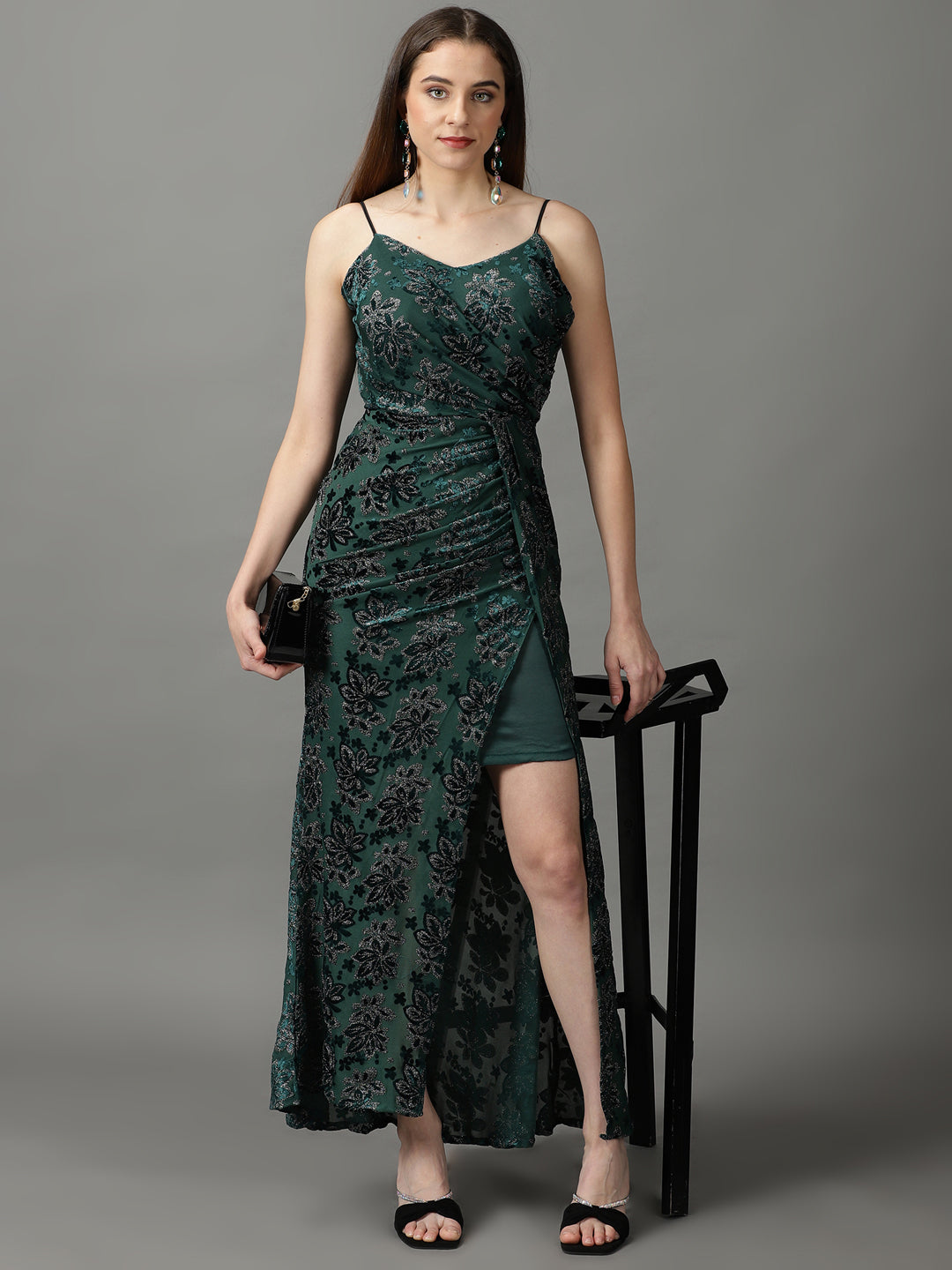 Women's Green Embellished Wrap Dress