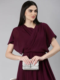 Women's Violet Pleated Detailed Flared Sleeves Fit & Flare Dress
