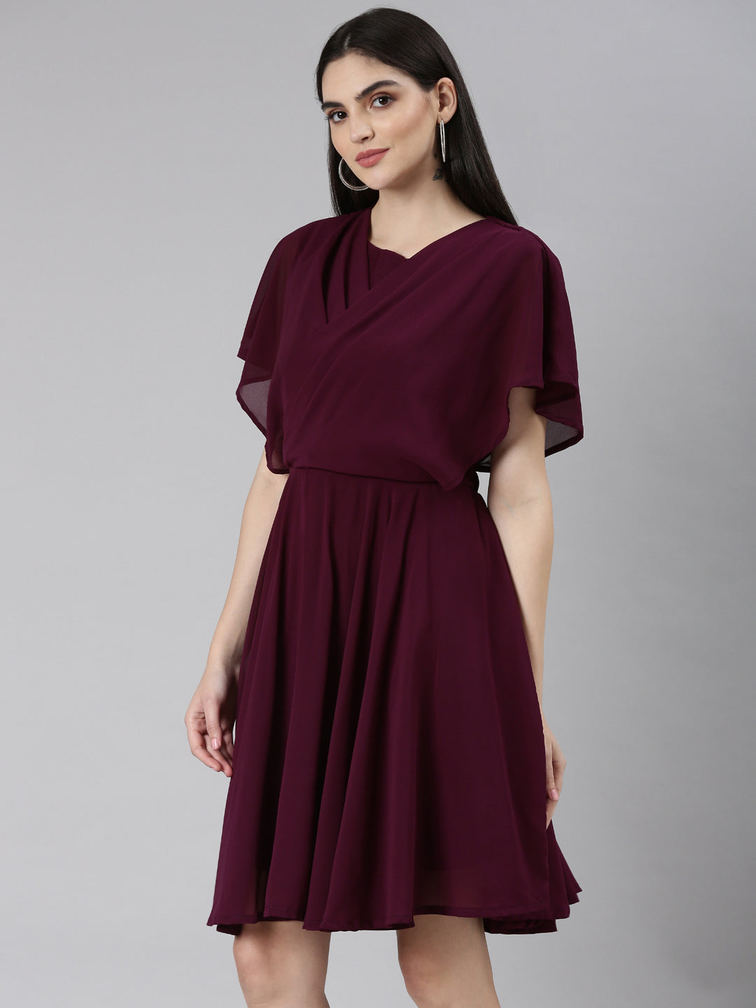 Women's Violet Pleated Detailed Flared Sleeves Fit & Flare Dress