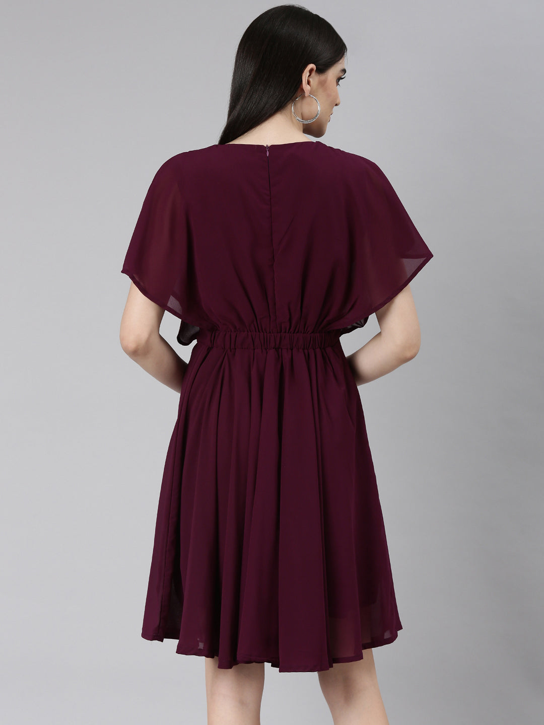 Women's Violet Pleated Detailed Flared Sleeves Fit & Flare Dress